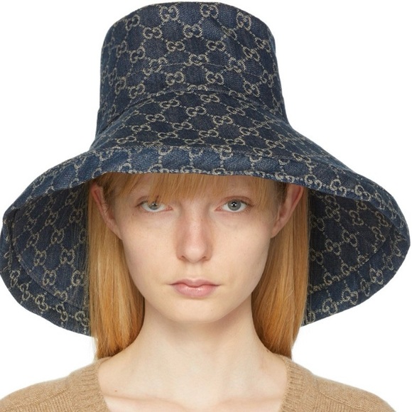 Jacquard Accessories - Gucci GG Monogram Bucket Hat Wide Large Brim Thick Denim Navy Allover Jacquard